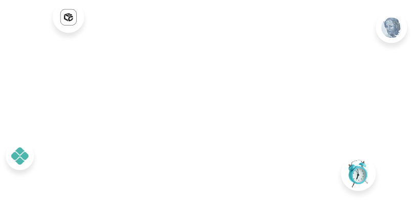 Ícones de caixa, busto grego, relógio e layout.