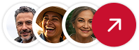 Grupo de pessoas sorrindo com um ícone de seta para cima